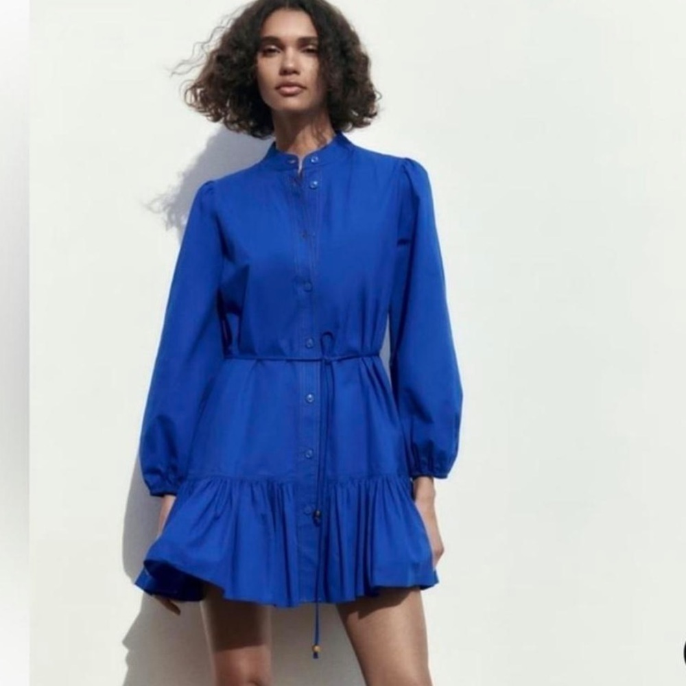 Zara NWT blue long sleeve poplin shirt dress mini